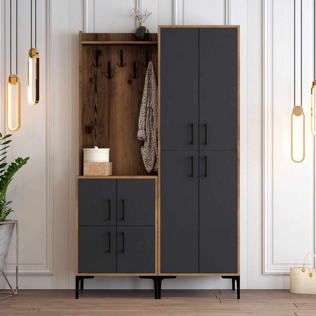 Cuier de perete, Hanah Home, Berlin BA, 120x200x35 cm, Nuc / Antracit - imagine 7